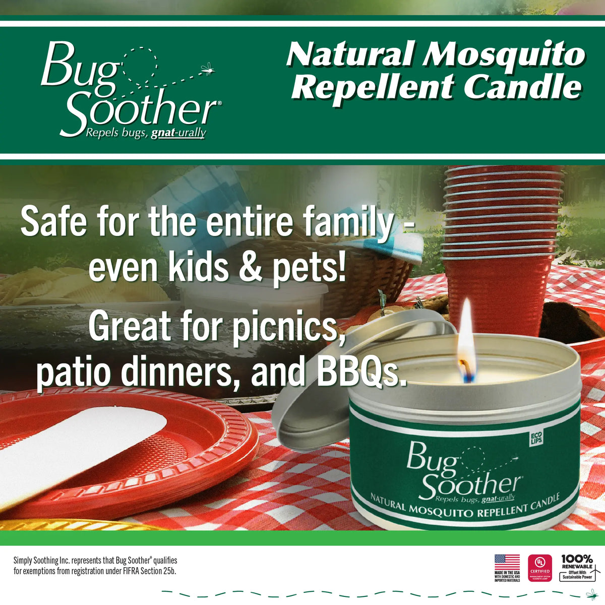 Advertisement for Bug Soother natural mosquito repellent candle with a picnic scene in the background.