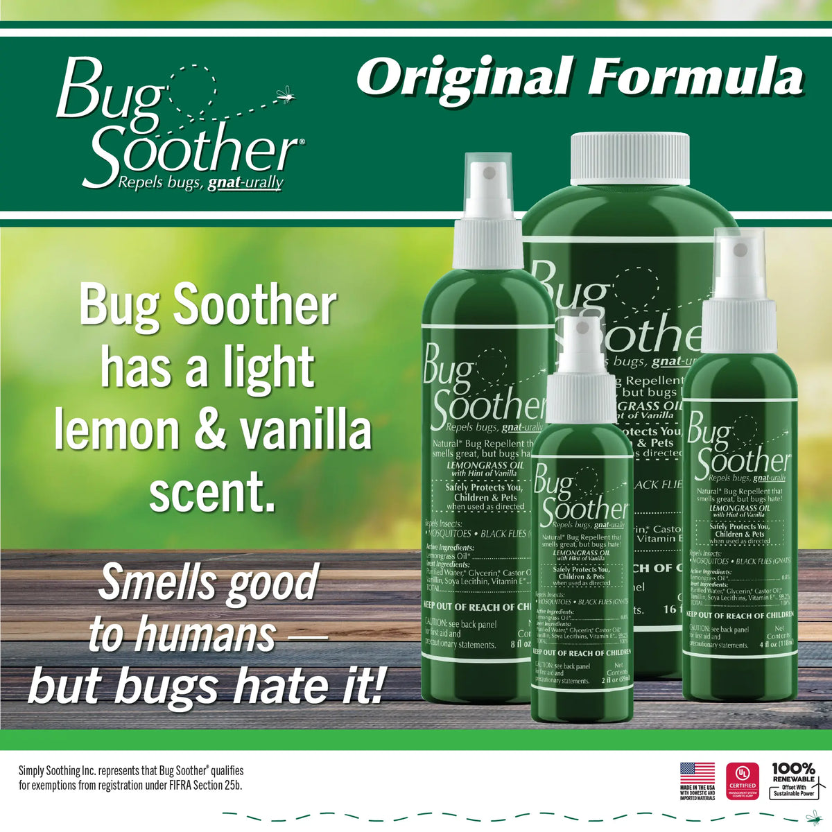 Advertisement for Bug Soother with green bottles on a wooden surface.