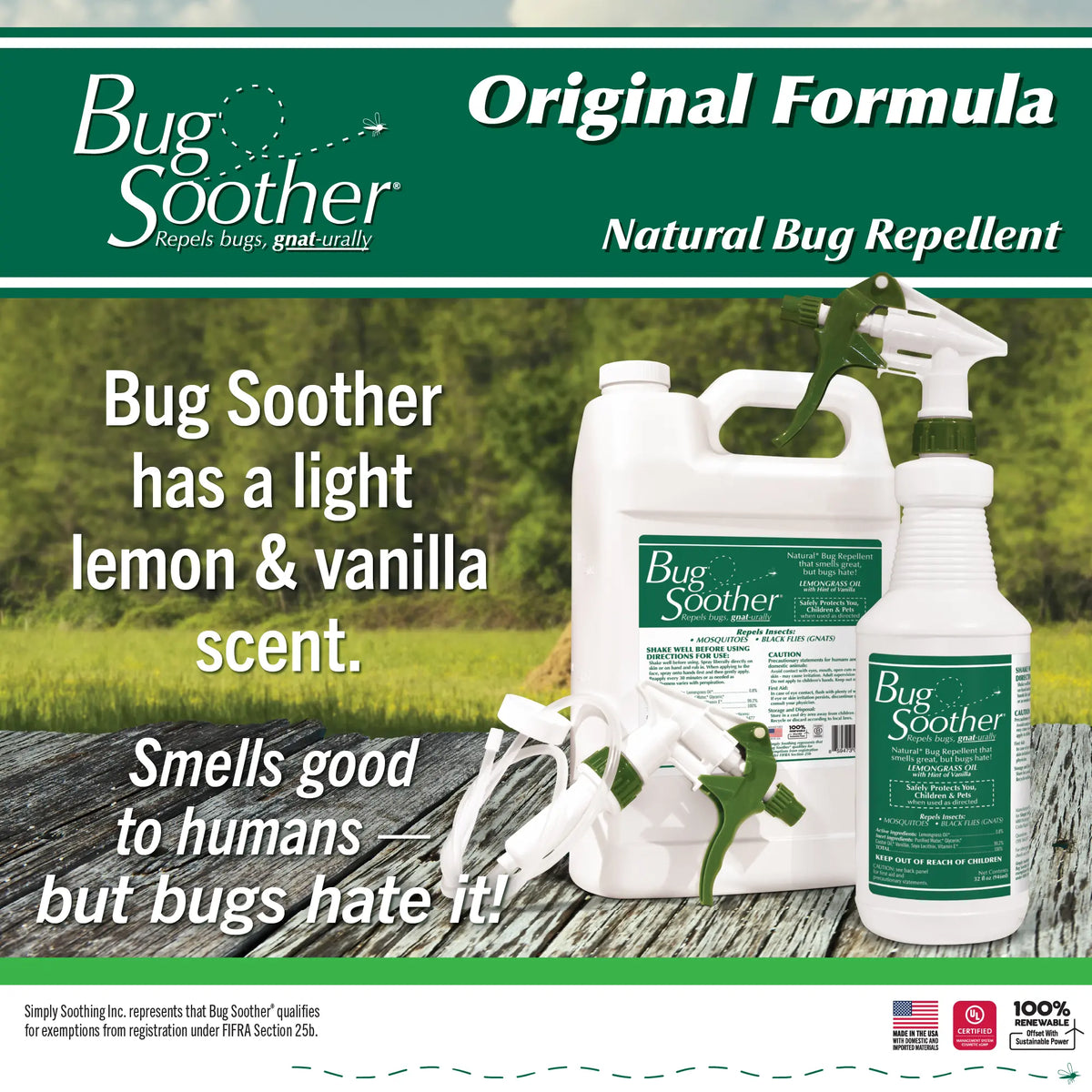 Bug Soother natural bug repellent packaging with text on a green background