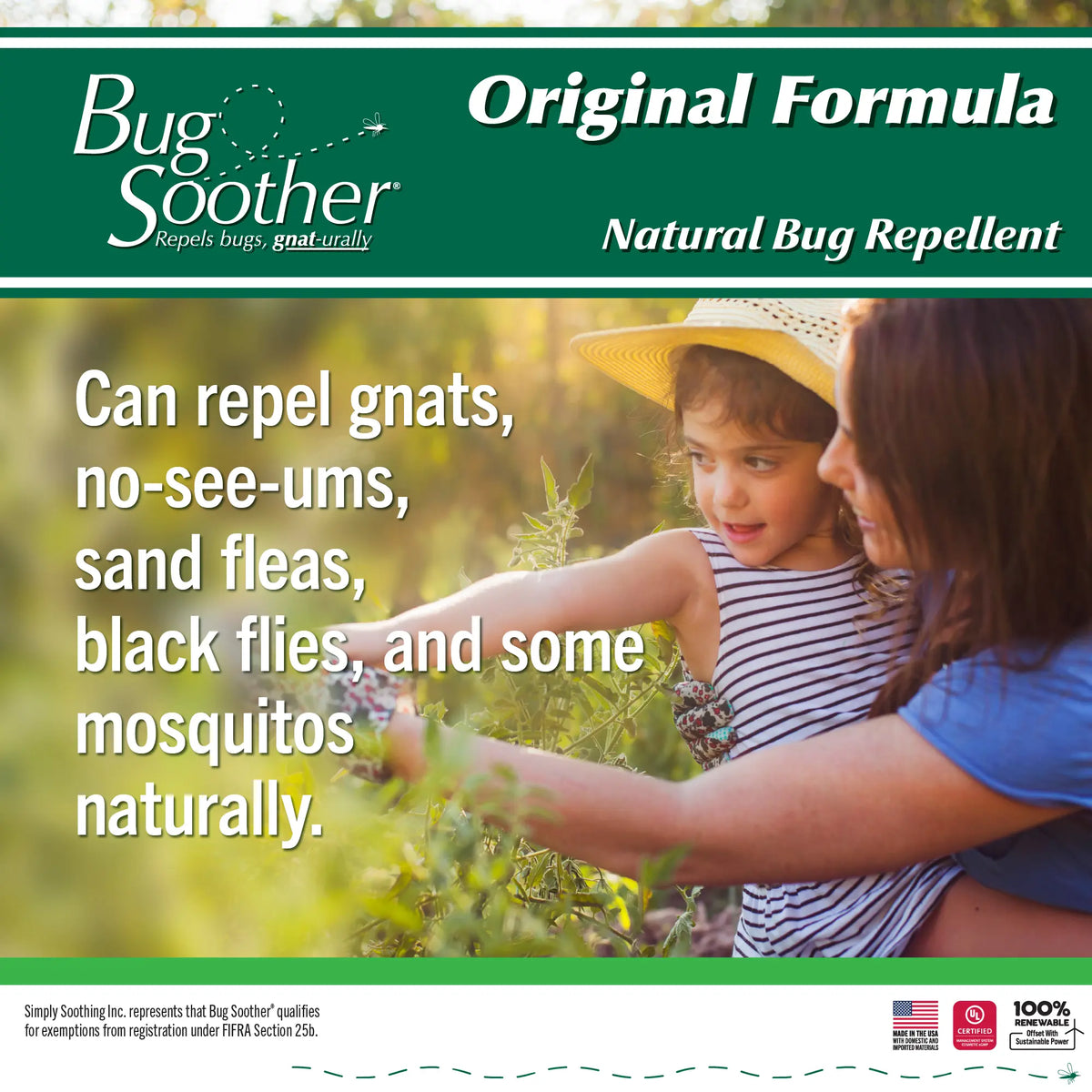 Advertisement for Bug Soother natural bug repellent showing a woman and child outdoors.