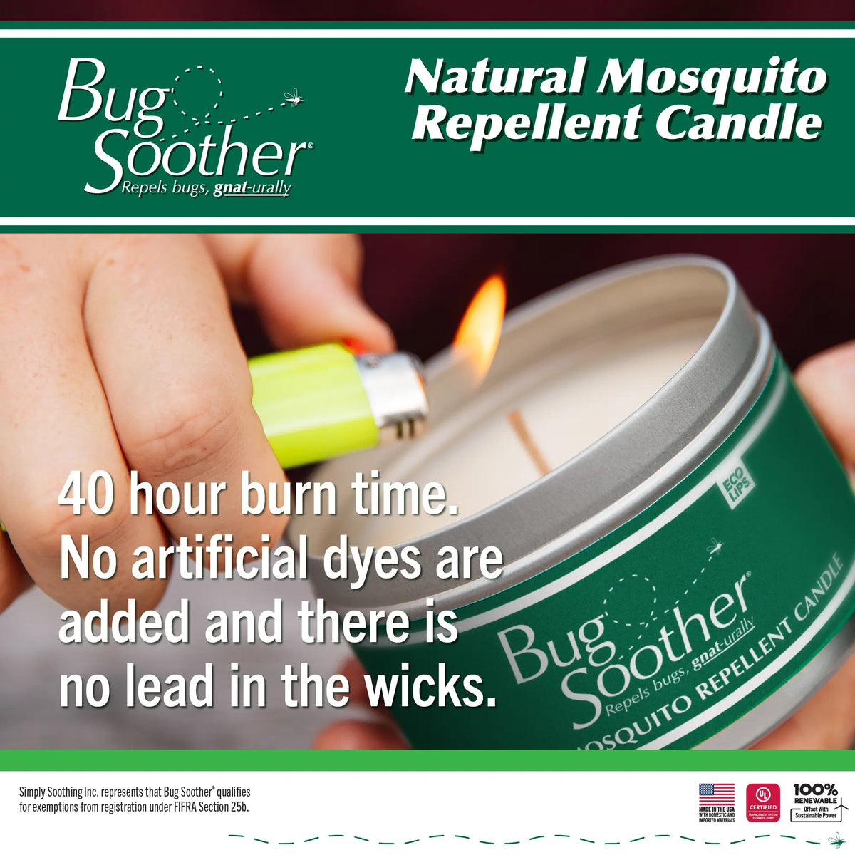 Bug Soother natural mosquito repellent candle with a hand lighting it, on a green background.