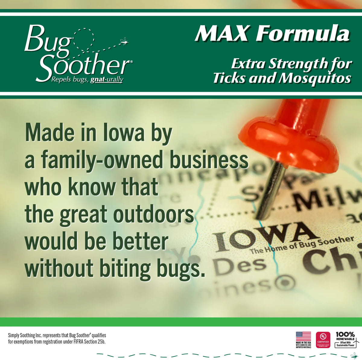 Advertisement for Bug Soother MAX Formula with a map of Iowa and a pushpin.