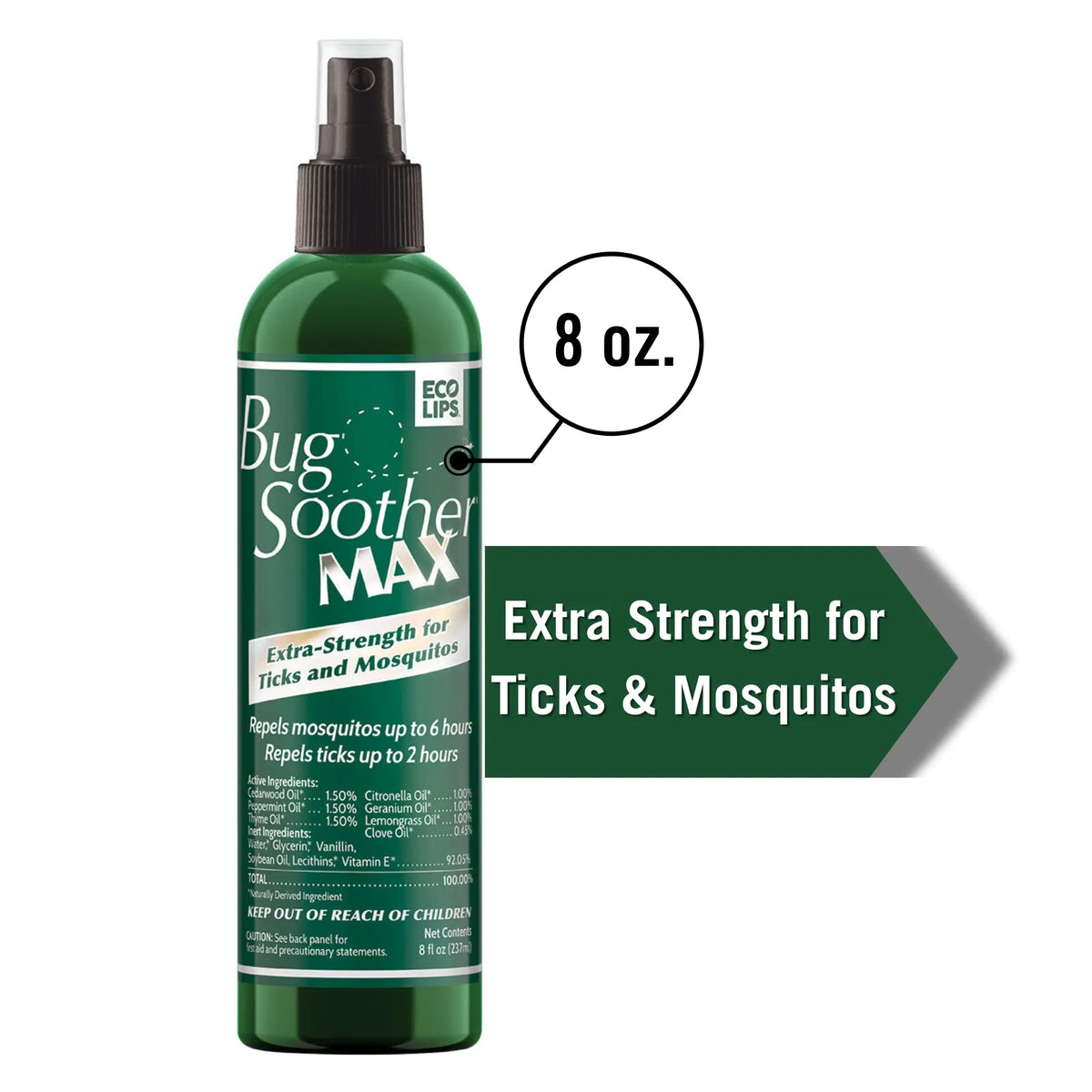 Green bottle of Bug Soother Max 8 ounces with text on a white background
