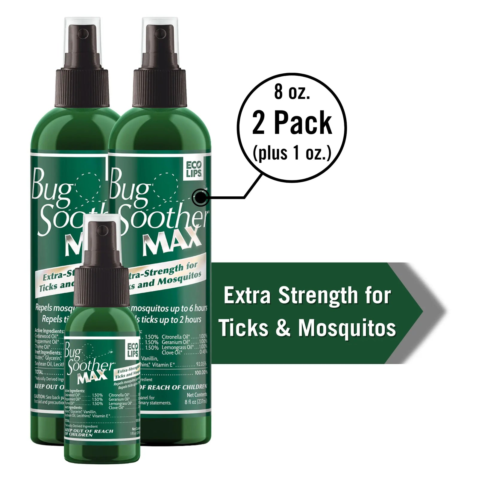 Three bottles of Bug Soother Max spray with a label indicating an 8 oz. 2 Pack size.