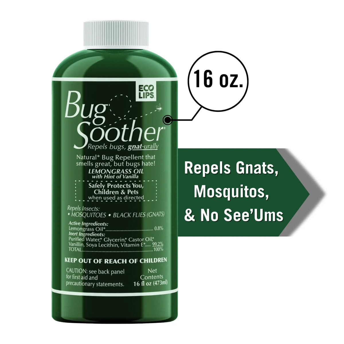 A green bottle of Bug Soother natural bug repellant with a white cap, shown on a white background with a green callout arrow and text stating '16 oz.' and 'Repels Gnats, Mosquitoes, & No See-Ums.