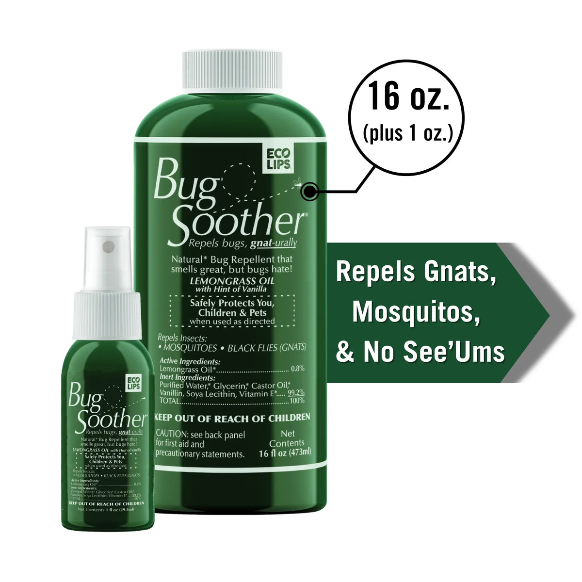 Bug Soother repellent set with a large 16 oz. dark green bottle and a smaller matching spray bottle on a white background, alongside text noting it repels gnats, mosquitos, and 'No See'ums.