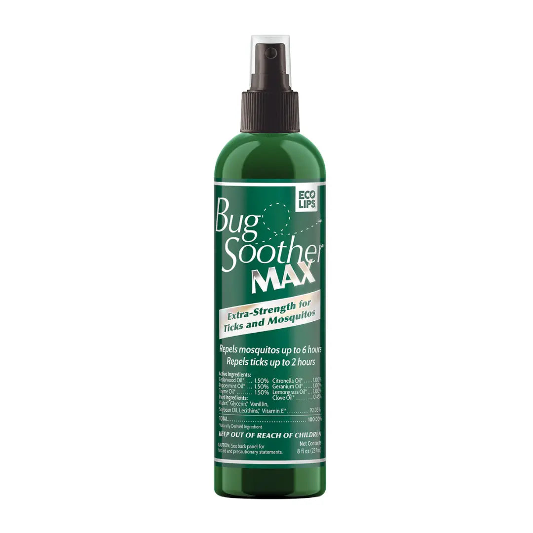 A green spray bottle labeled 'Bug Soother MAX Extra Strength Mosquito & Tick Repellent' with additional product information.
