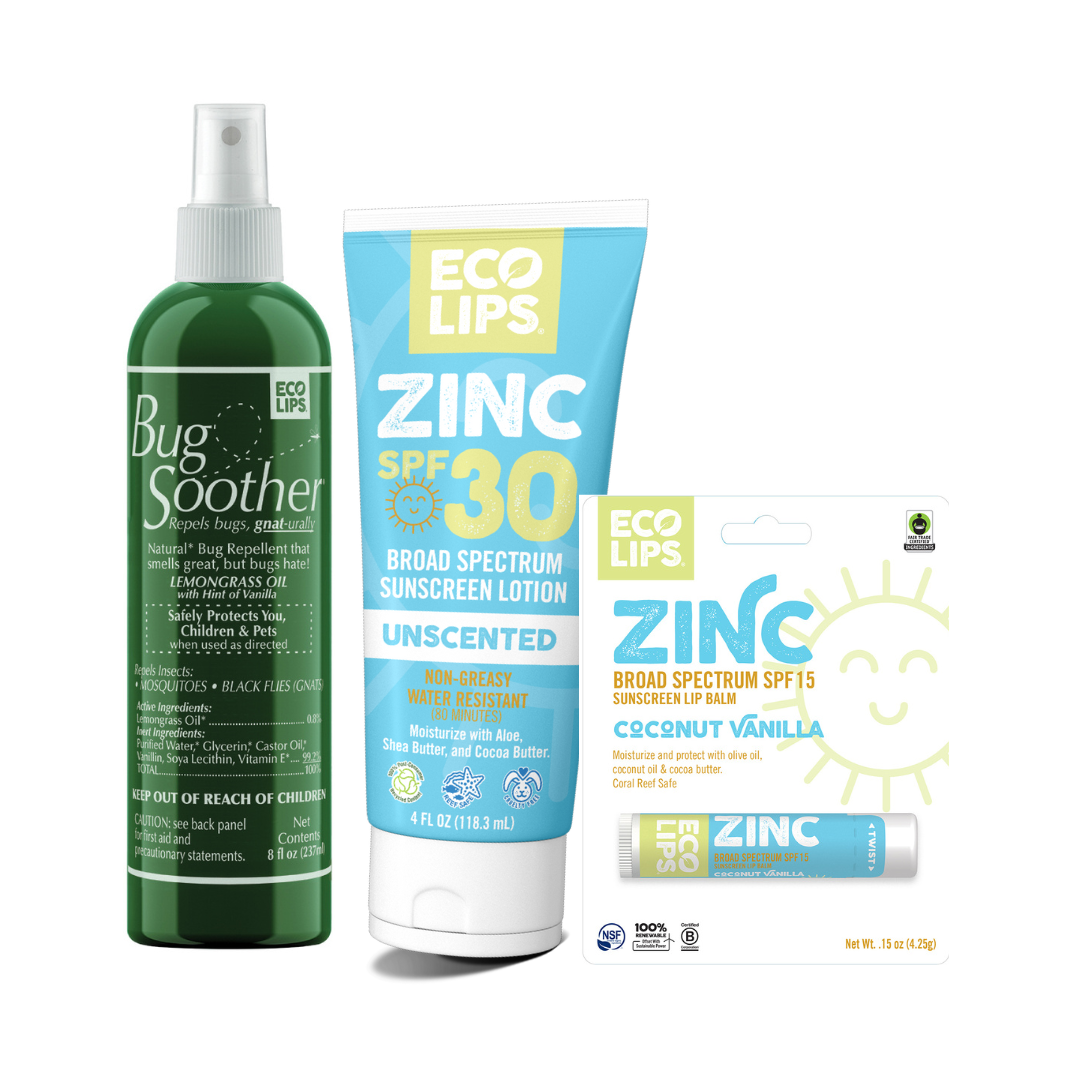 Summertime Essentials Bundle - SPF30 Zinc Lotion, Bug Soother Insect Repellent, and Zinc SPF15 Lip Balm