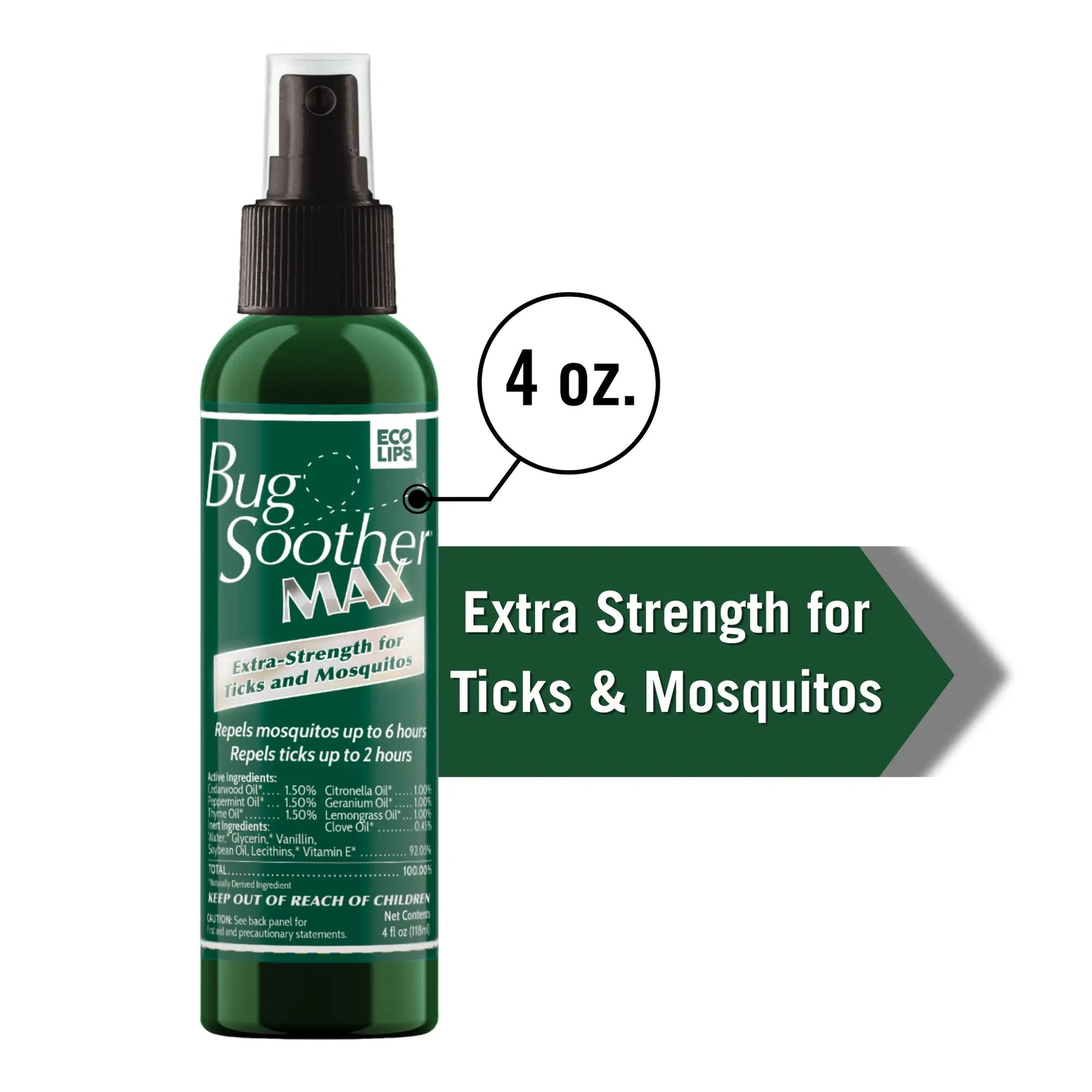Green bottle of Bug Soother Max with text indicating extra strength for ticks and mosquitoes on a white background.