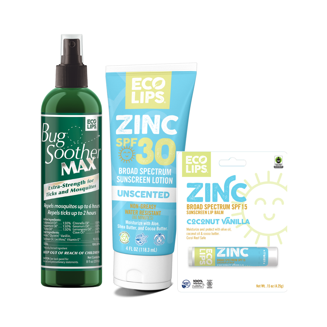 Summertime Essentials Bundle - SPF30 Zinc Lotion, Bug Soother MAX Mosquito &amp; Tick Repellent, and Zinc SPF15 Lip Balm
