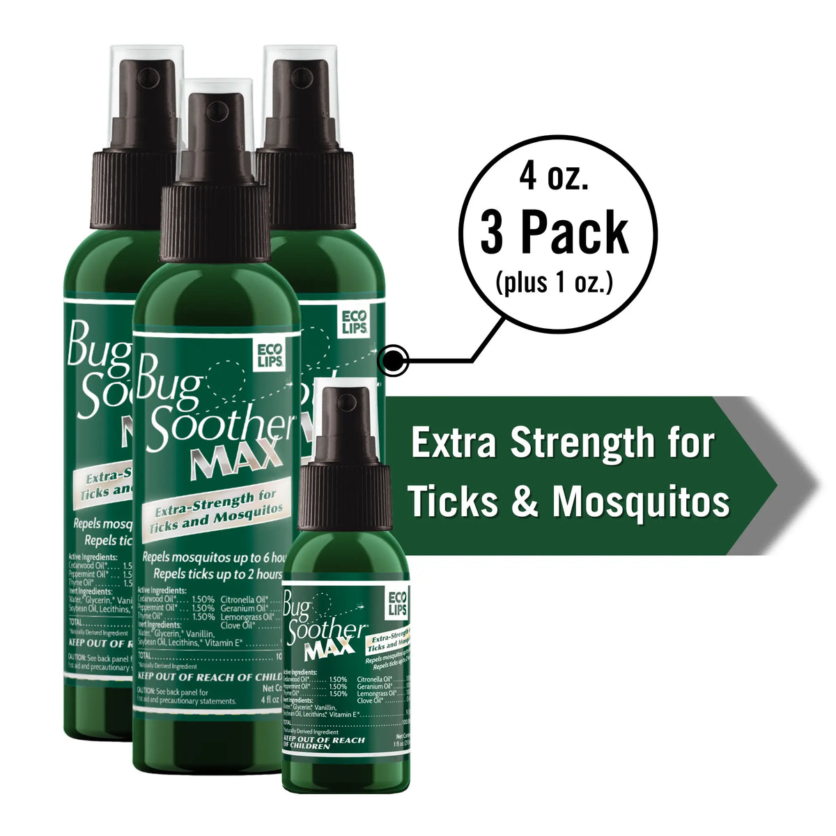 Three bottles of Bug Soother Max with text indicating extra strength for ticks and mosquitoes.