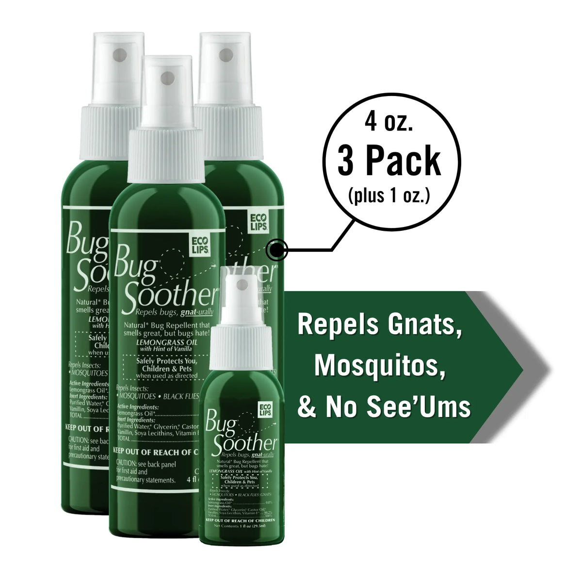 Three green spray bottles of Bug Soother repellent shown as a 4 oz. 3 pack, alongside a smaller matching bottle and promotional text stating it repels gnats, mosquitos, and no see-ums.