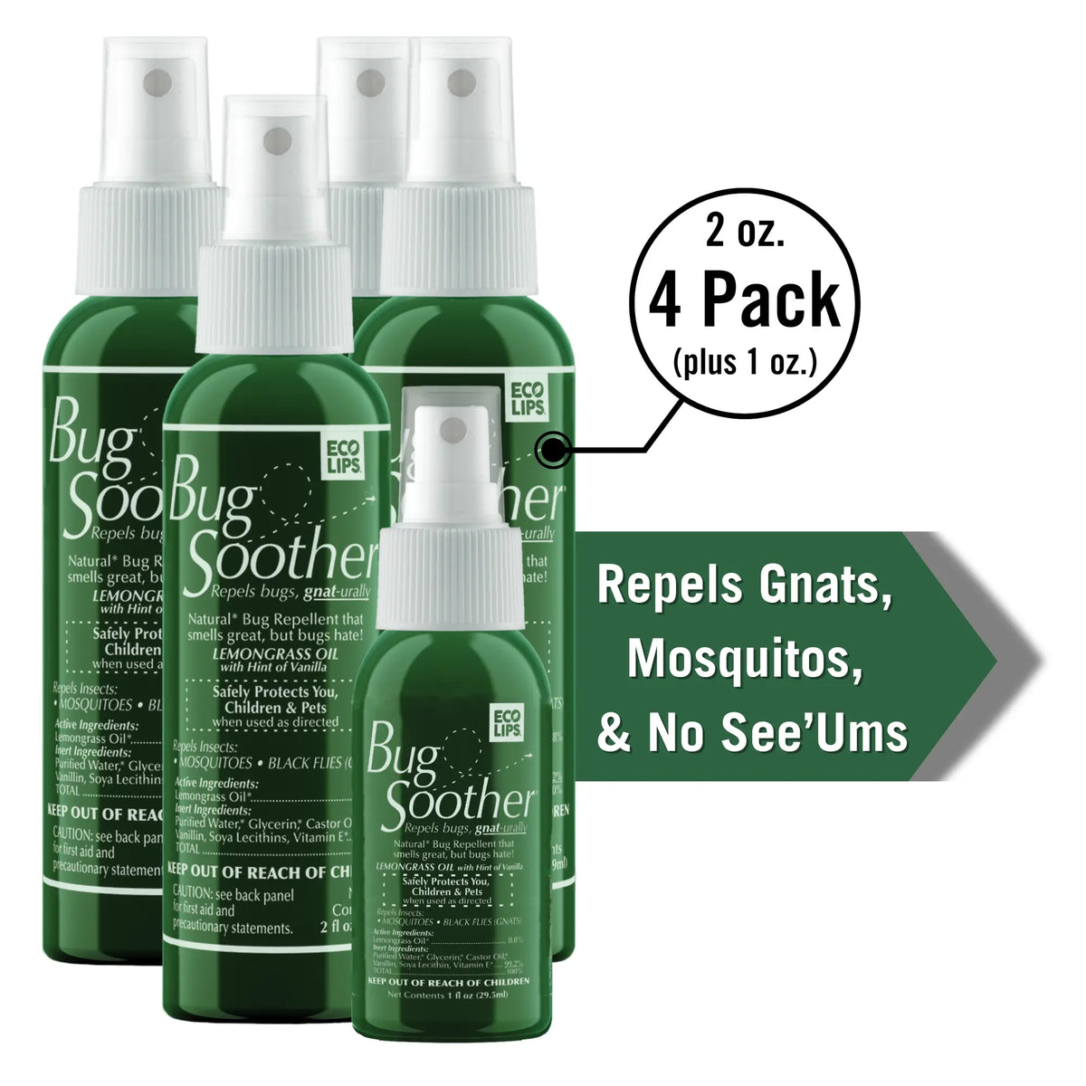 Four green spray bottles of Bug Soother repellent shown as a 4-pack on a white background, with text callouts stating '2 oz. 4 Pack (plus 1 oz.