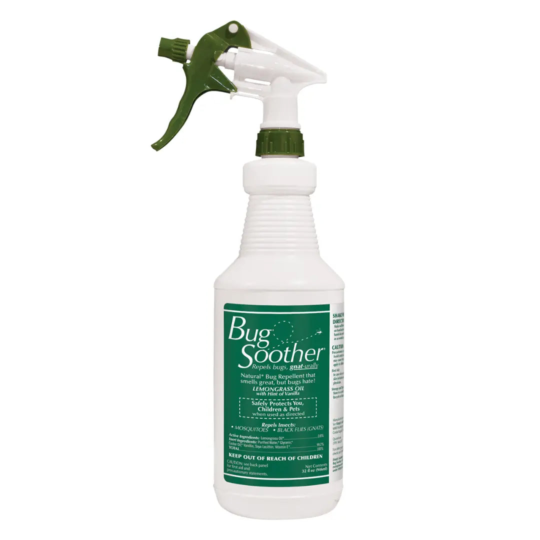 A white spray bottle labeled 'Bug Soother Insect Repellent' with a green spray nozzle.