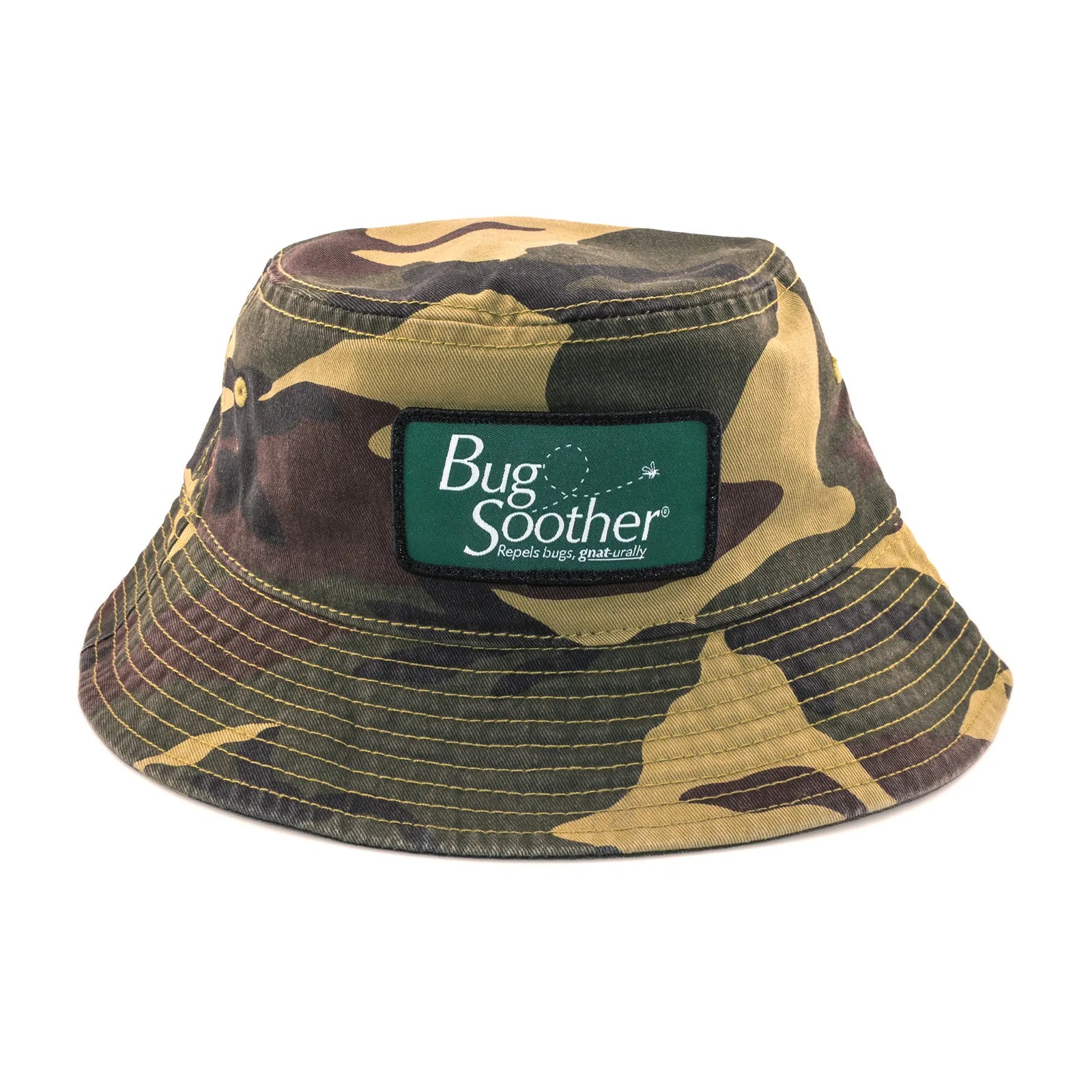 A camouflage bucket hat with a green 'Bug Soother' brand patch on the front, set against a plain white background.