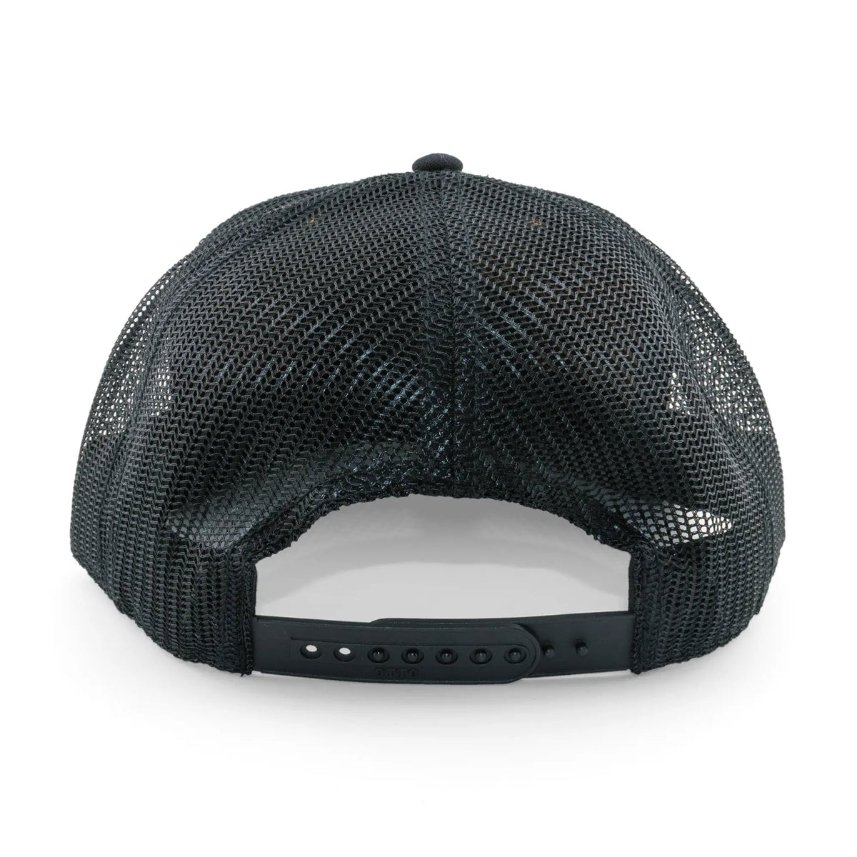 Black trucker-style baseball cap shown from the back, featuring a black mesh back and an adjustable snap closure.