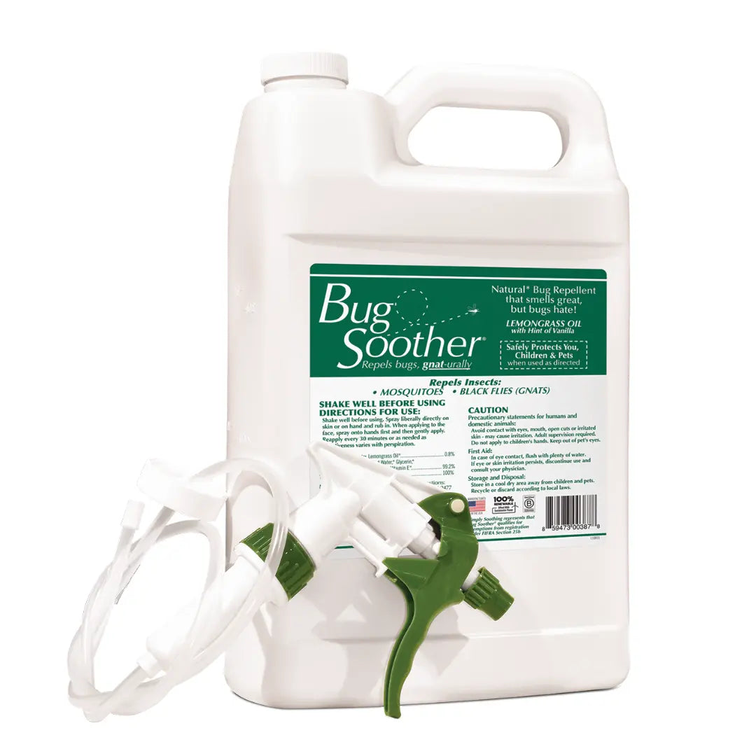 A white gallon jug with a green label and a green and white nozzle, labeled 'Bug Soother Insect Repellent'.

