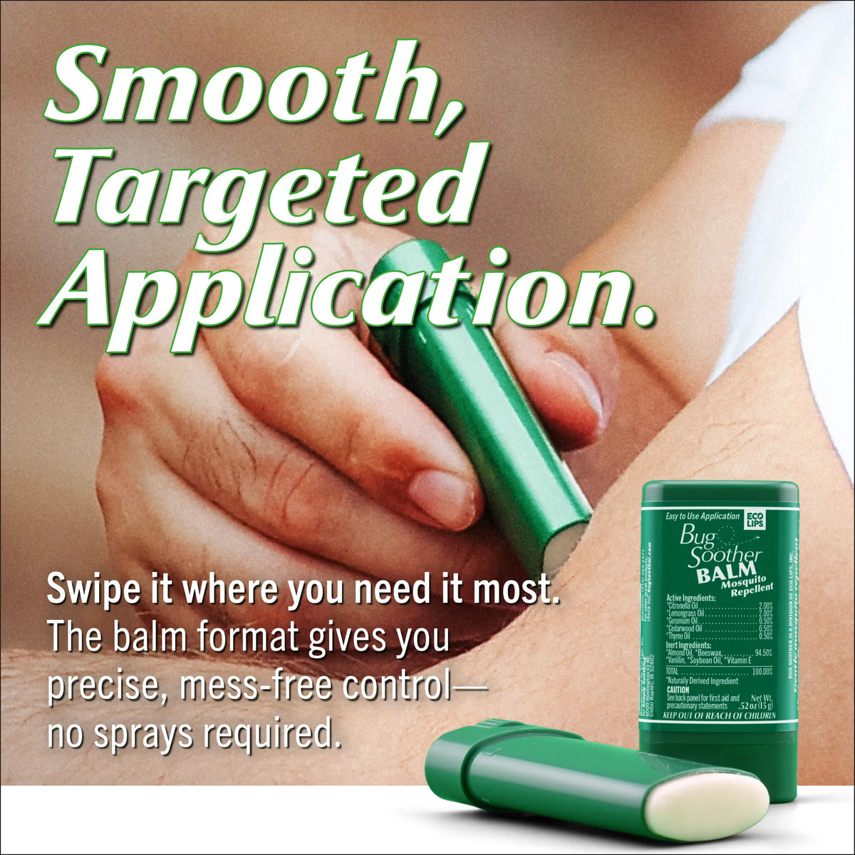 Bug Soother Balm showing the balm being applied to an arm pointing out smooth, targeted application.