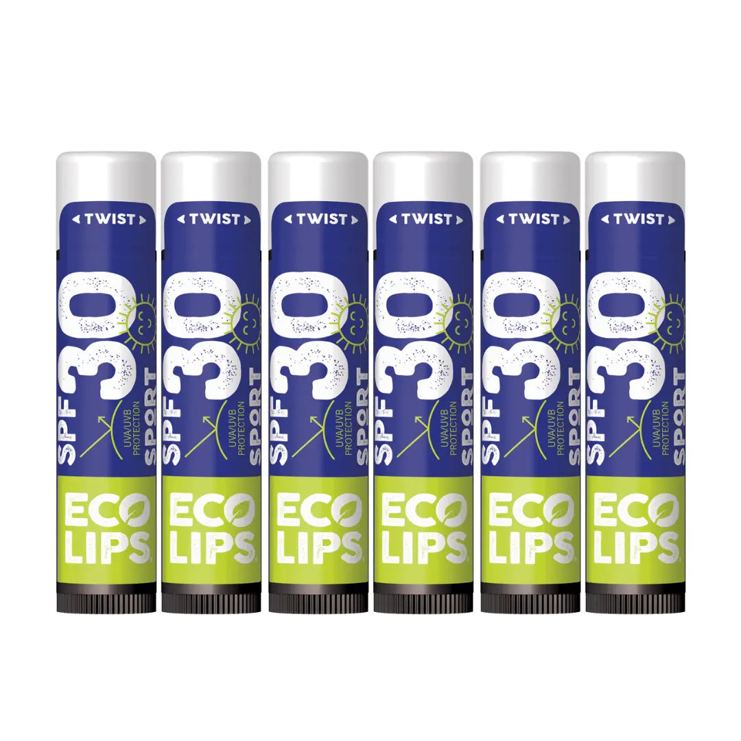 A pack of six SPF 30 Sport Lip Balms by ECO Lips, featuring a blue and green design with the product name and SPF protection highlighted.