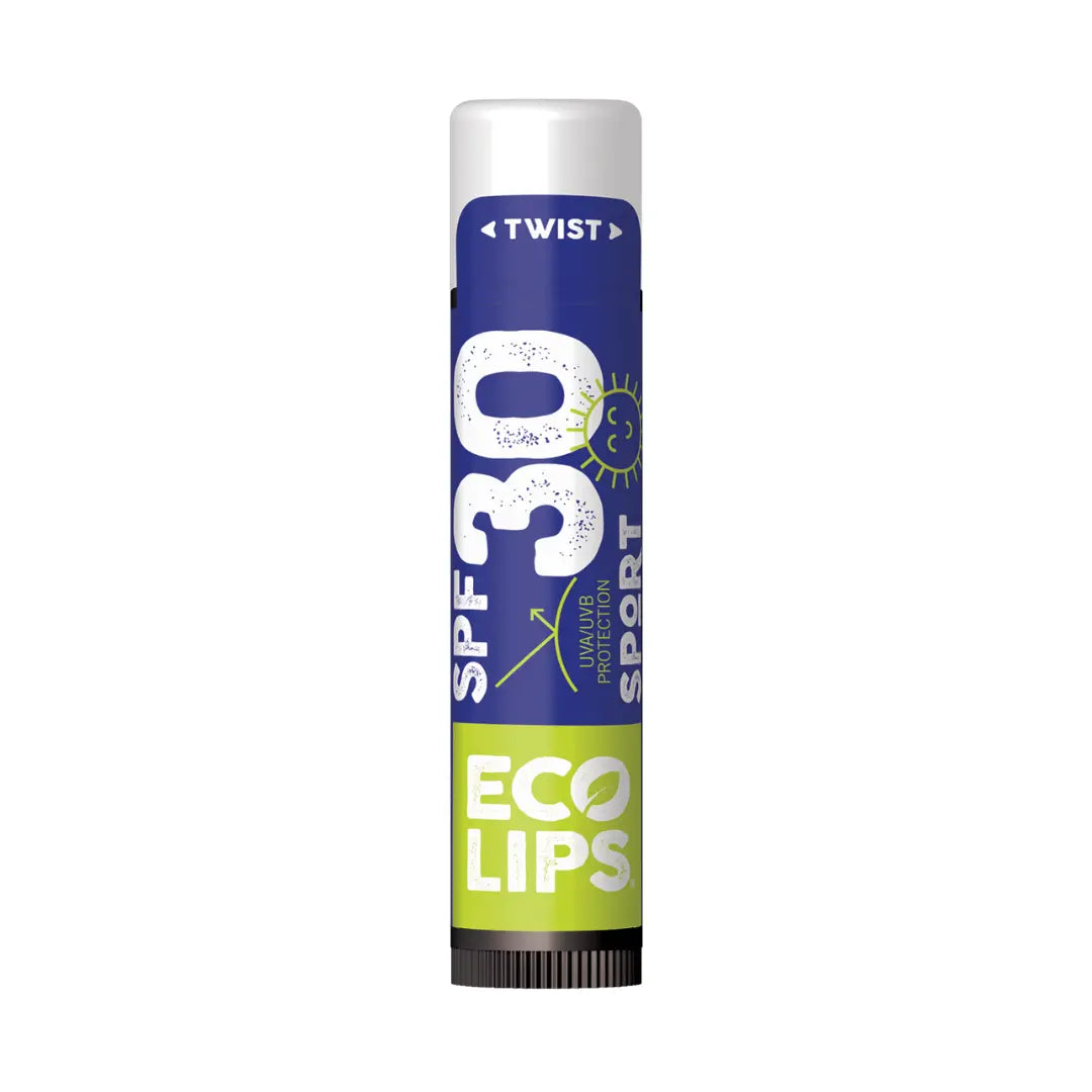 A plastic tube of SPF 30 Sport Lip Balm with 'Eco Lips' text and organic aloe vera illustration, predominantly blue and white in color.