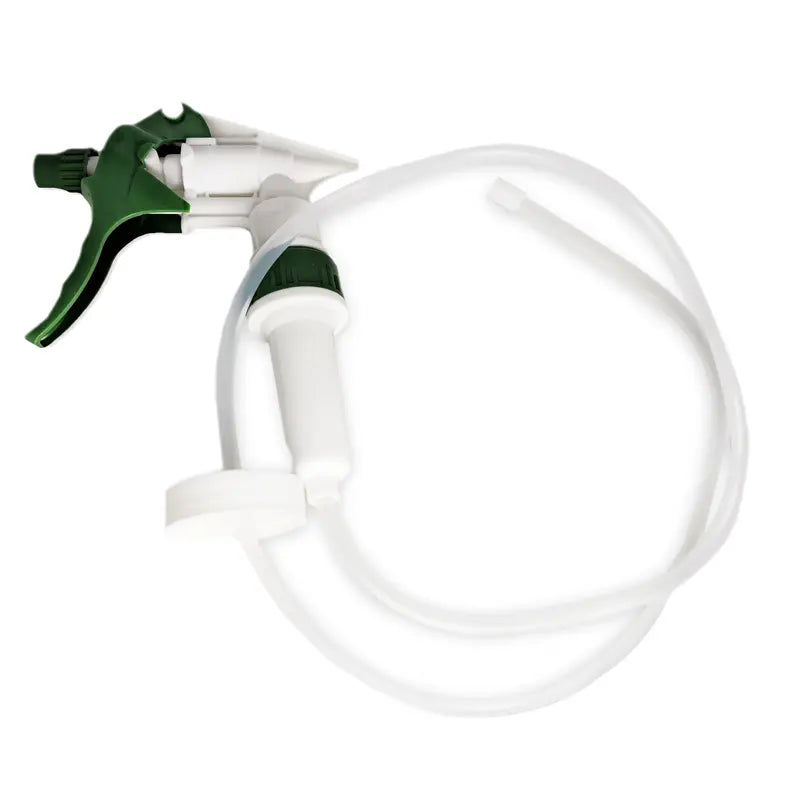 A white and green spray nozzle with a long, flexible clear plastic tube, shown on a plain white background.