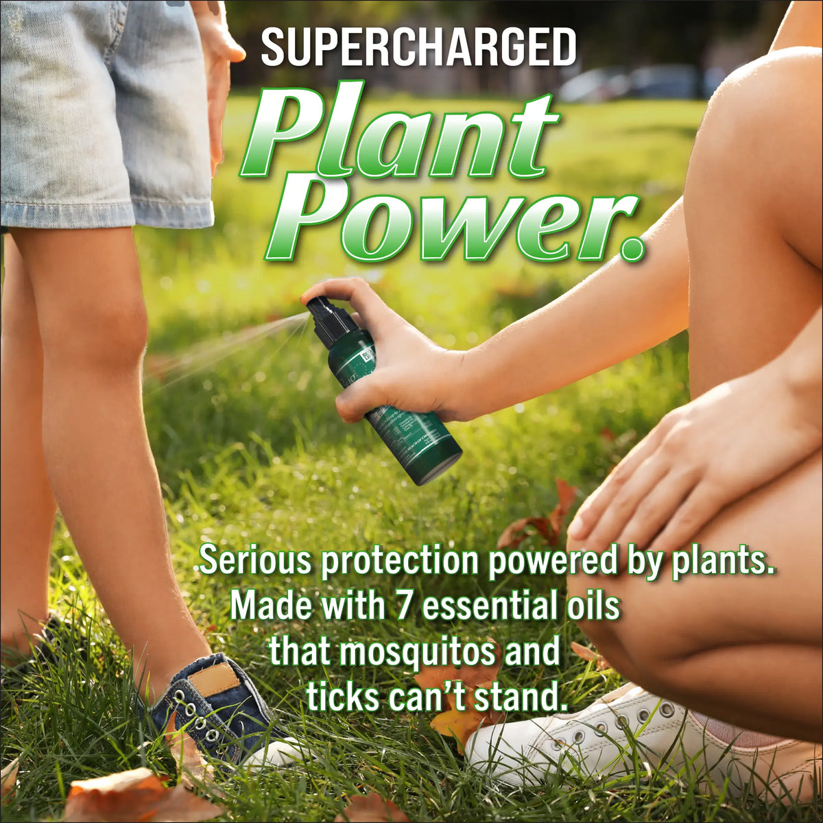 Person holding a spray bottle with 'Supercharged Plant Power' text on a grassy background
