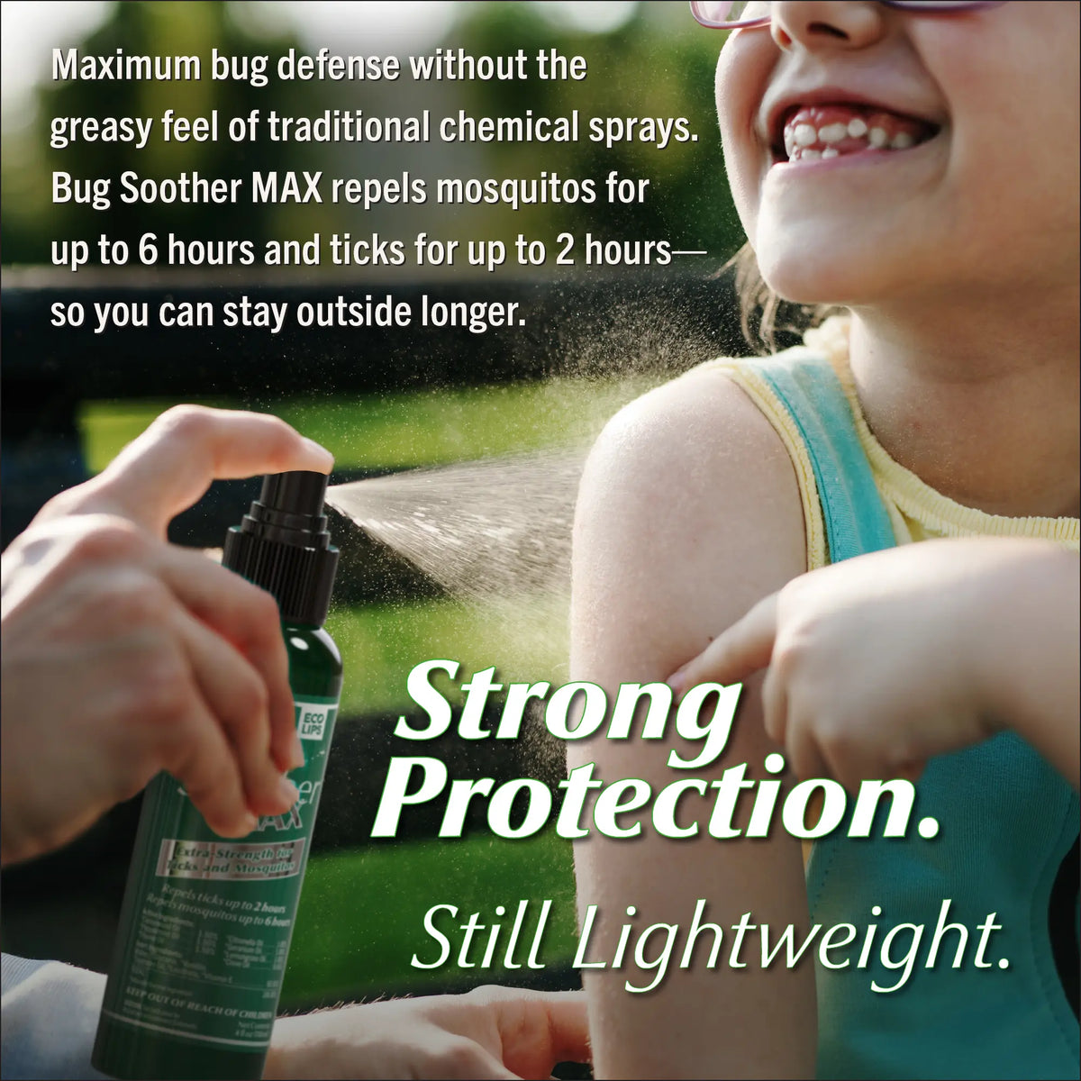 Person using a bottle of bug spray on a child with text about bug defense and product features.