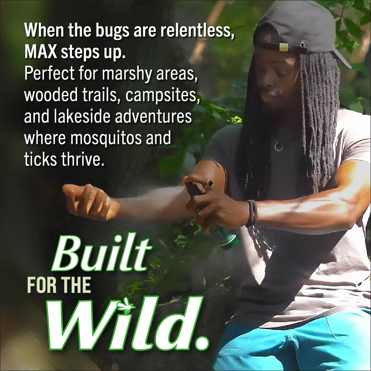 Person applying insect repellent with text about MAX product for outdoor adventures.