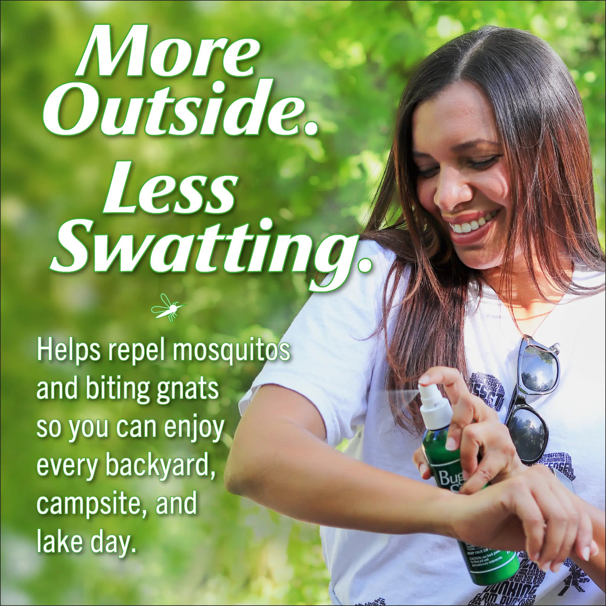 Woman applying insect repellent with text promoting outdoor enjoyment and mosquito control.
