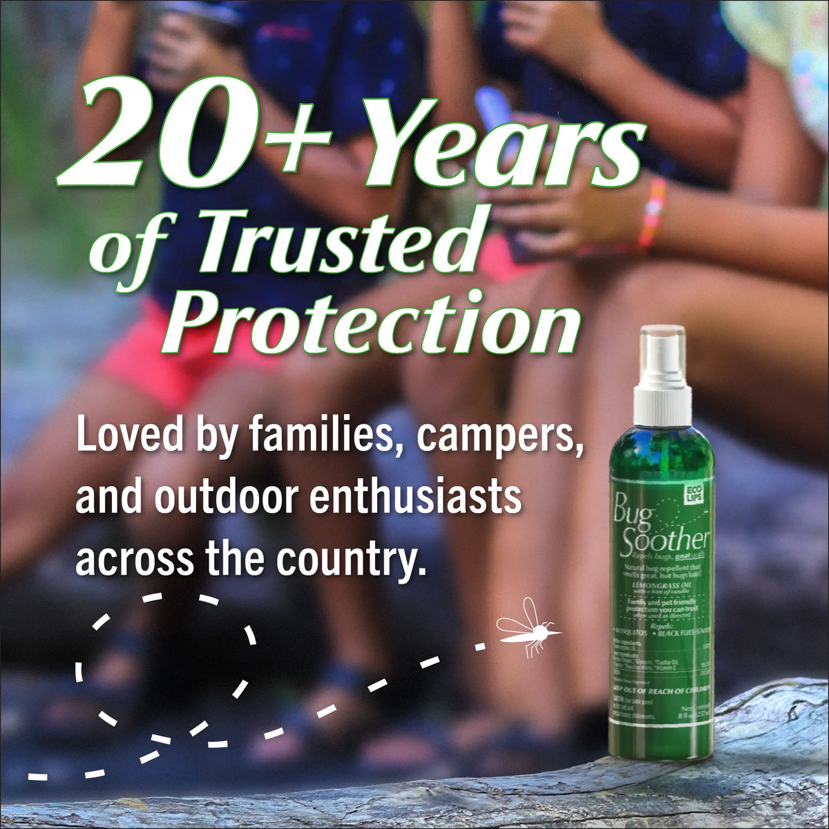 Bug Soother bottle with text about 20 years of trusted protection, used by families and campers.