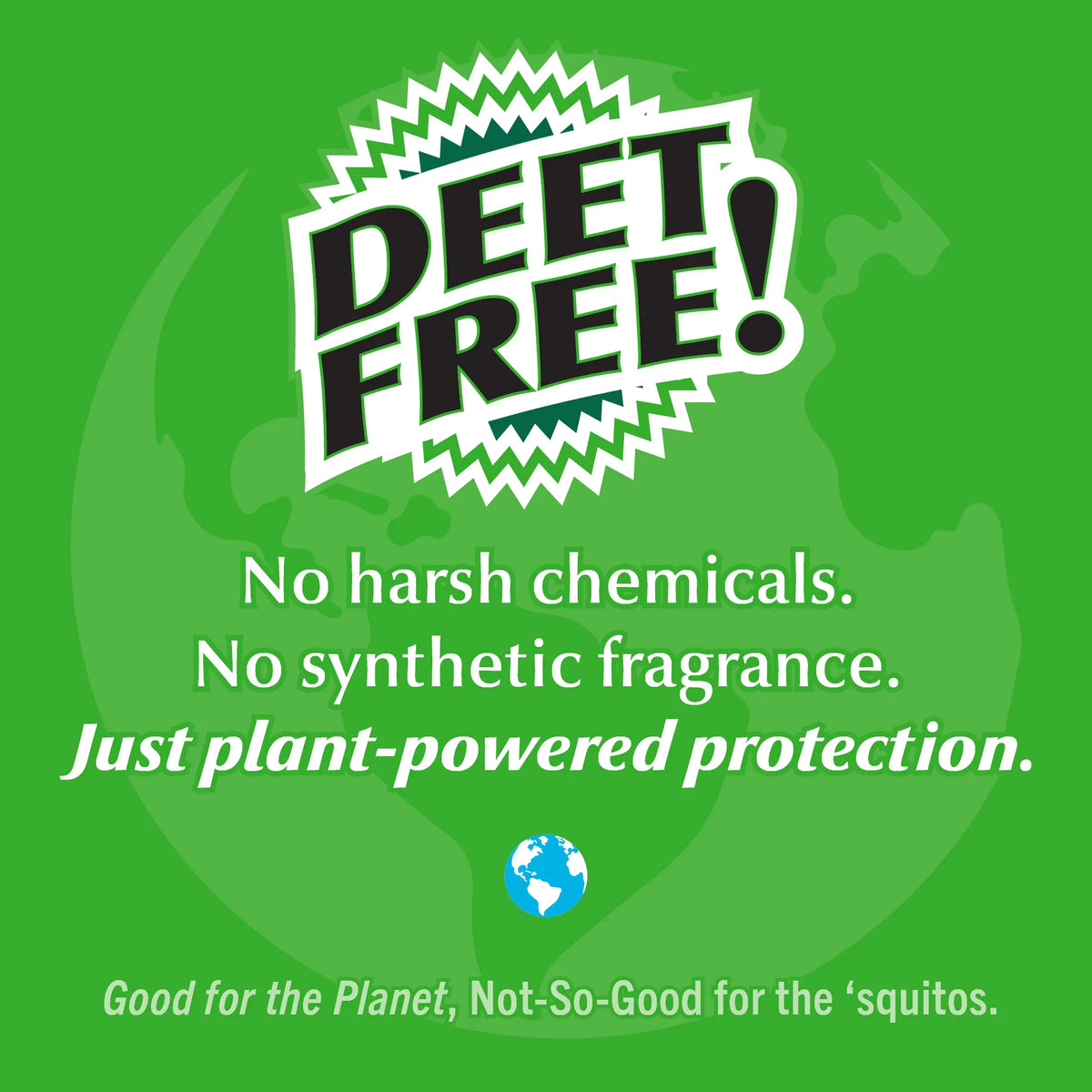 Advertisement for 'DEET FREE!' with text on a green background