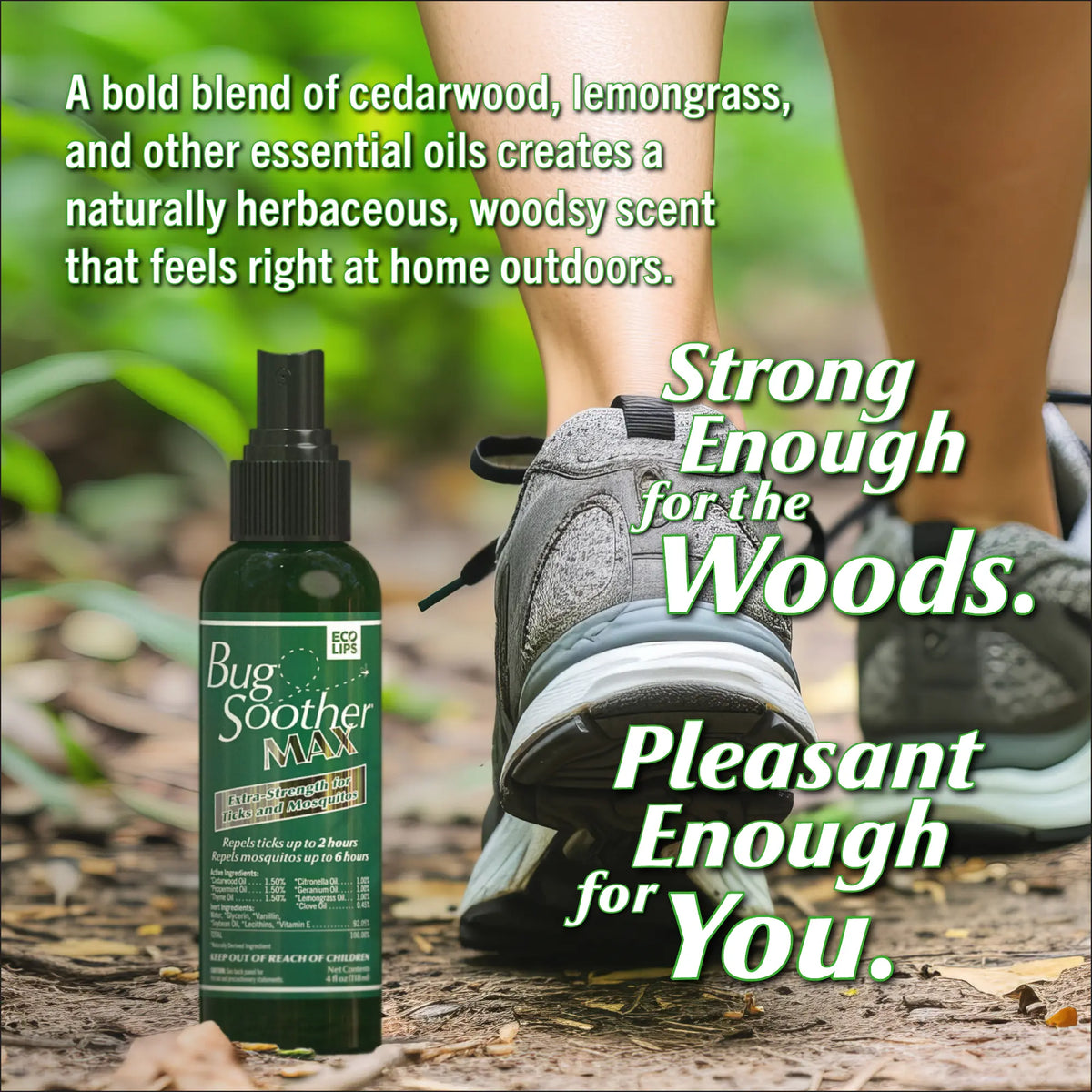 Bug spray bottle with text about essential oils and outdoor use, on a natural background.