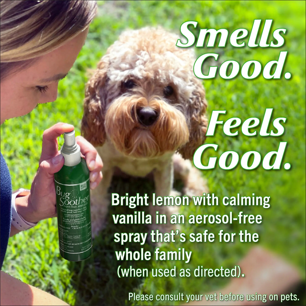 Person spraying a green bottle of Bug Soother on a dog with text about the product's benefits.
