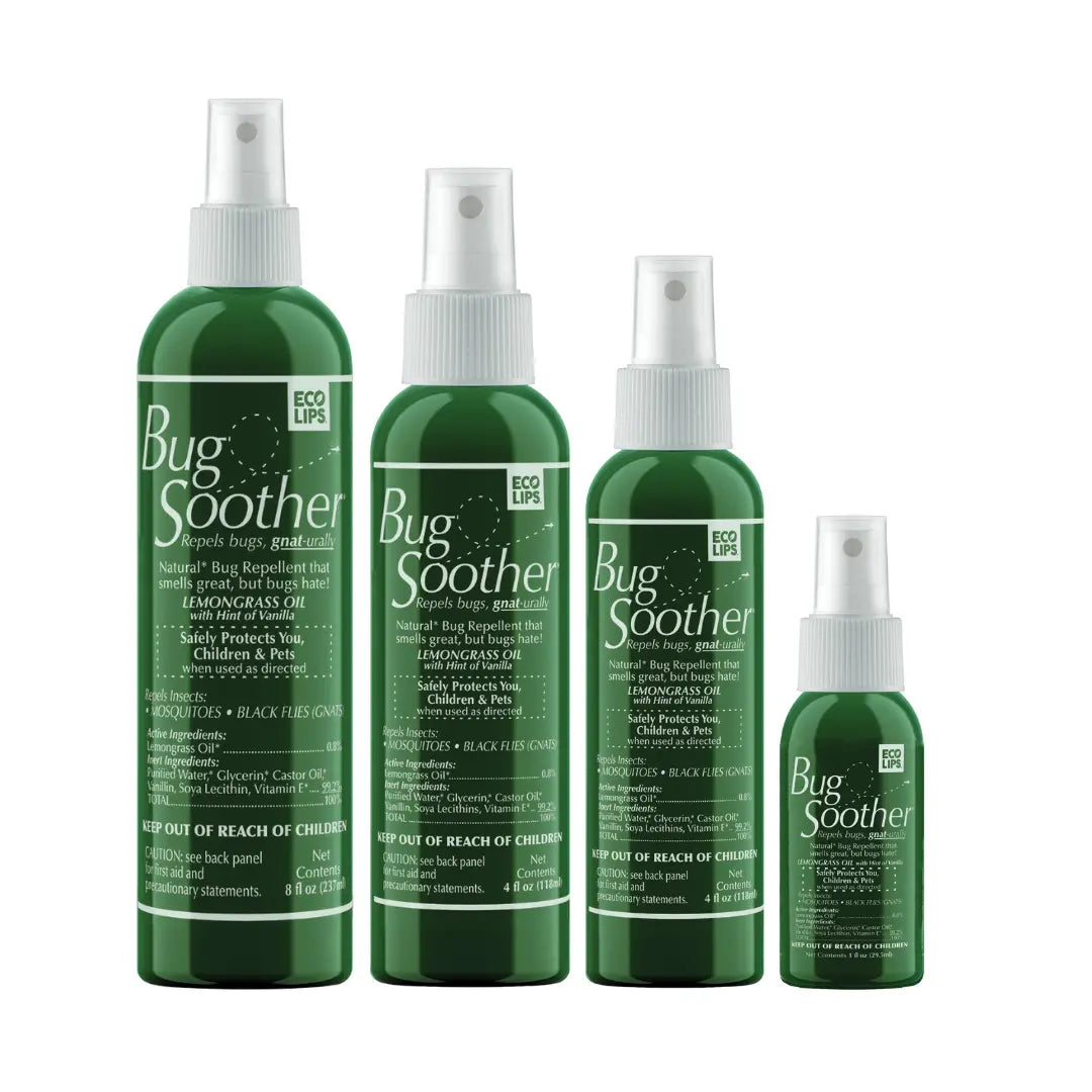 A set of four green bottles of Bug Soother insect repellent in various sizes with white spray nozzles.
