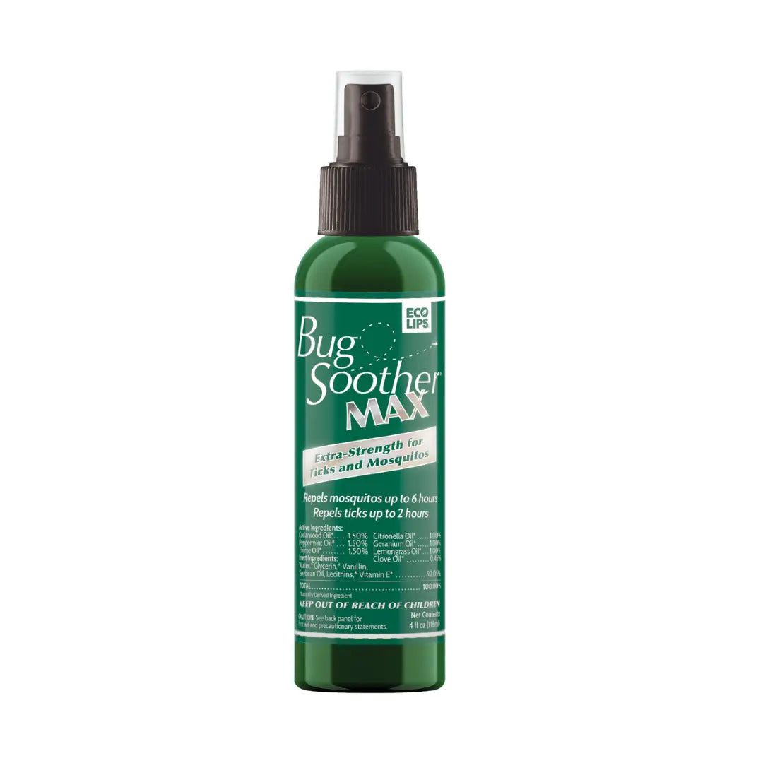 A green spray bottle labeled 'Bug Soother MAX Extra Strength Mosquito & Tick Repellent' with additional product information.
