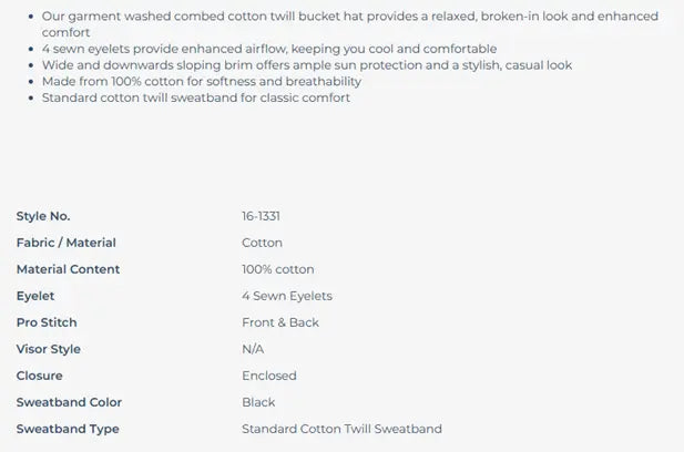A text-based specification sheet listing details for a combed cotton twill bucket hat, including style number 16-1331, 100% cotton material, 4 sewn eyelets, front and back construction, enclosed closure, and a black standard cotton twill sweatband.