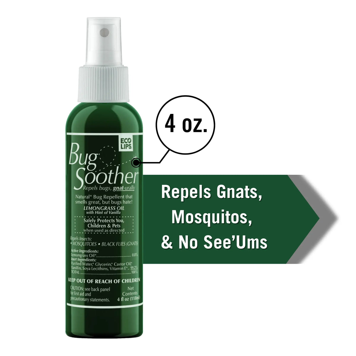 A 4 oz spray bottle of Bug Soother repellant on a white background, with a dark green text banner on the right stating it repels gnats, mosquitoes, and no see'ums.