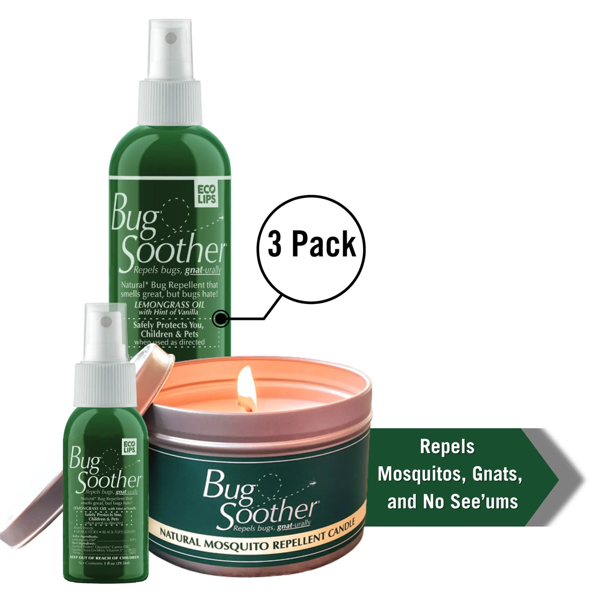 Three-pack of Bug Soother products including a spray bottle and a candle on a white background.