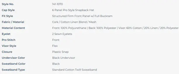 Product specification sheet for a cap with detailed information on style, fit, material, and features.
